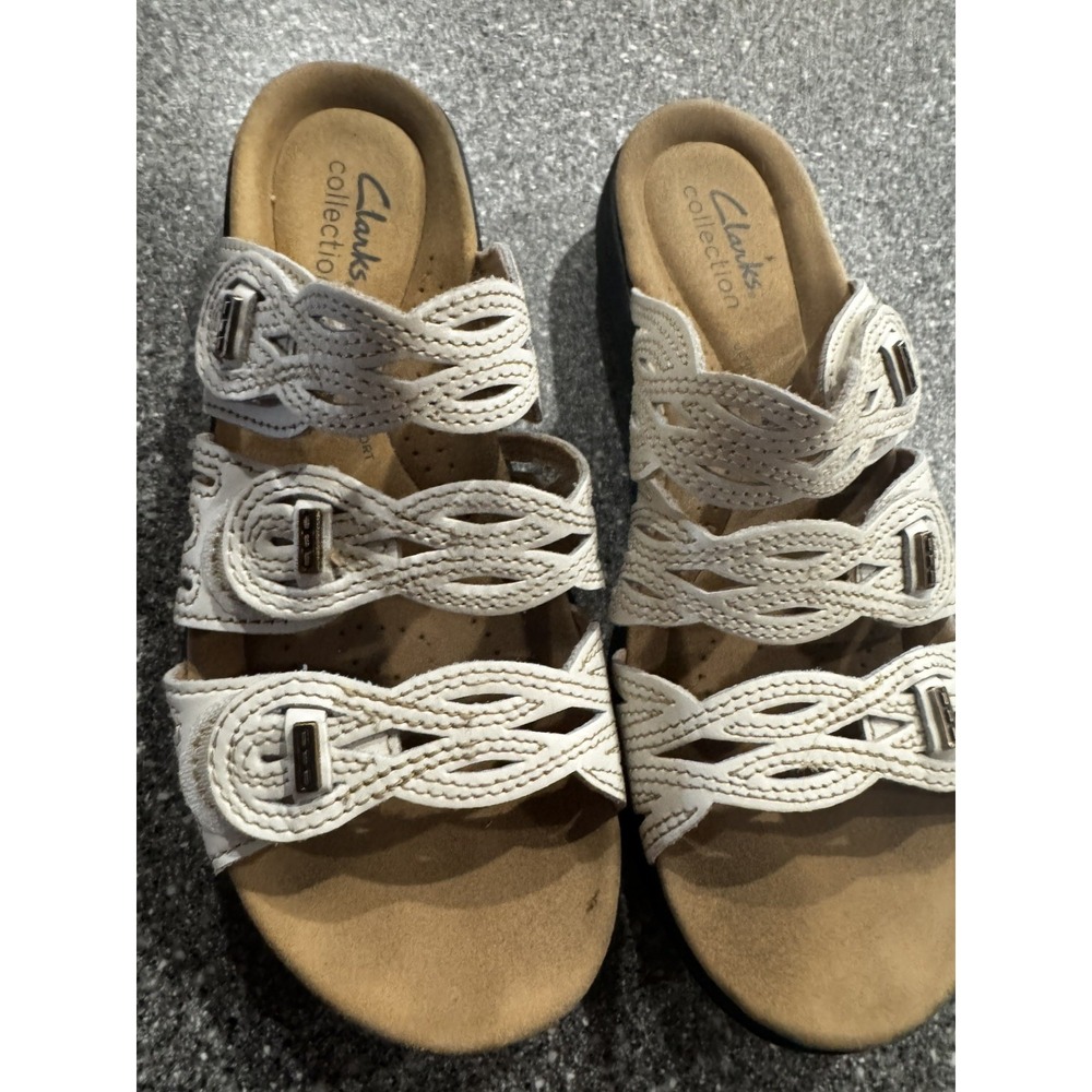 Clarks Collection White Triple Strap Comfort Slide Sandals 5 EUC SB25